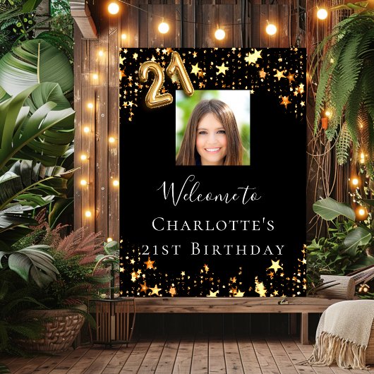 Poster 21e anniversaire Black gold stars photo bienvenue