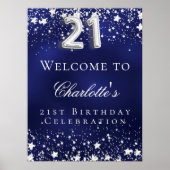 Poster 21e anniversaire bleu argent étoiles bienvenue (Devant)