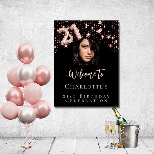 Poster 21e anniversaire noir rose or photo étoiles bienve
