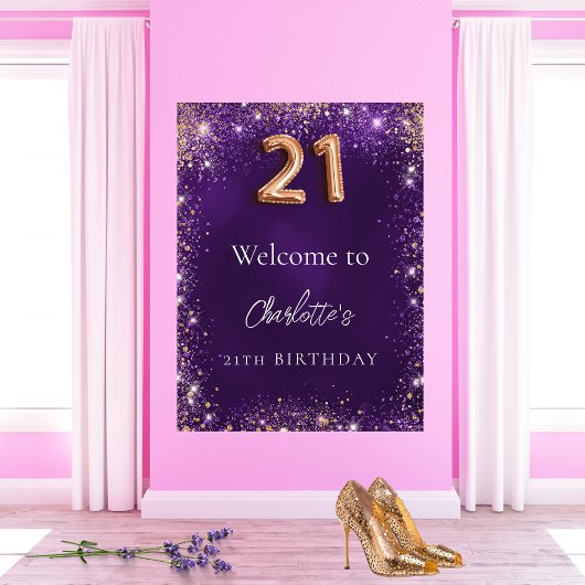 Poster 21e anniversaire parties scintillant violet scinti