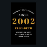 Poster 21st Birthday Born 2002 Ajouter le nom Black Gold<br><div class="desc">Personnalisé Anniversaire ajoutez votre nom et votre affiche d'année. Modifiez le nom et l'année avec le modèle fourni. Un merveilleux accessoire de fête d'anniversaire personnalisé. Plus de cadeaux et de fournitures de fête disponibles avec le design "normes de fixation" dans le magasin.</div>