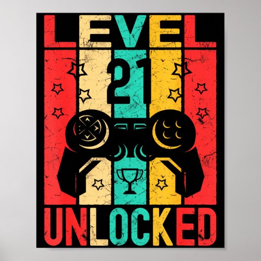 Poster 21st Birthday Level 21 Unlocked Gamer Funny Birthd (Devant)