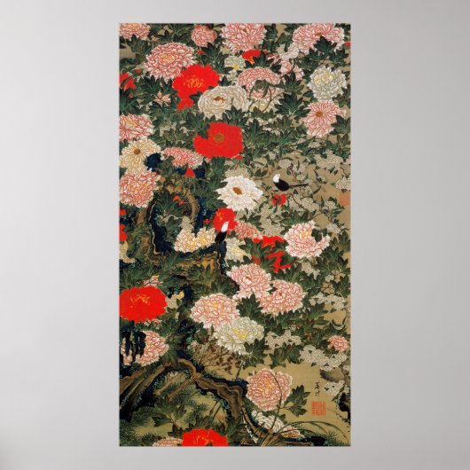Poster 22. 牡 丹 小 禽 図, 冲 Peonies et Petits Oiseaux, Jakuch (Devant)
