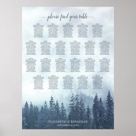Poster 22 Table Carte de Placement de Mariage Arbres Pins (Devant)