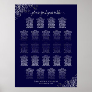 Poster 23 Table Wedding Seating Chart Navy Blue & Silver