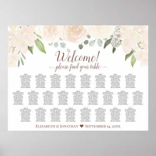 Poster 25 Table Pale Blush Peach Boho Roses Plan de Table (Devant)