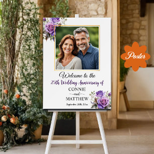 Poster 25e anniversaire Mariage Gold Frame Roses violets