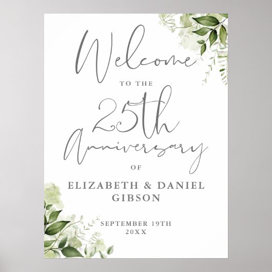 Poster 25th Wedding Anniversary Greenery Welcome Sign (Devant)