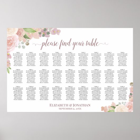 Poster 27 Table Élégant Roses Roses Mariage Plan de Table (Devant)