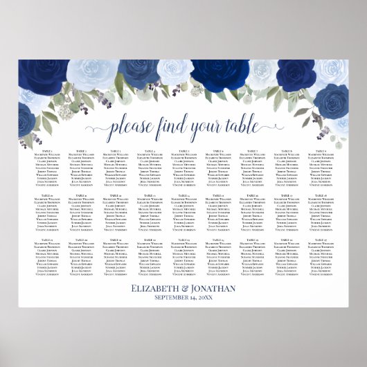 Poster 27 Table Roses Bleues Élégant Plan de Table de Mar (Devant)