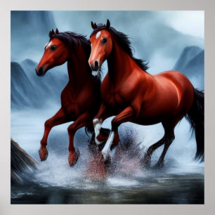 Poster 2 Beau cheval de châtaignier sauvage dans la riviè