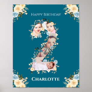 Poster 2e anniversaire Photo Collage Turquoise bleu jaune