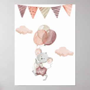 Poster 30,5x40,6cm - kleine muis met ballonnen