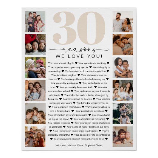 Poster 30 Raisons Nous Vous Aimons Anniversaire Keepsaké  (Devant)