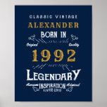 Poster 30th Birthday 1992 Ajouter Nom Legendary Blue Gold<br><div class="desc">Anniversaire personnalisé ajoutez votre nom affiche d'anniversaire. Modifiez le nom et l'année avec le modèle fourni. Plus de cadeaux et de fournitures de fête disponibles avec le design "légendaire" dans le magasin.</div>