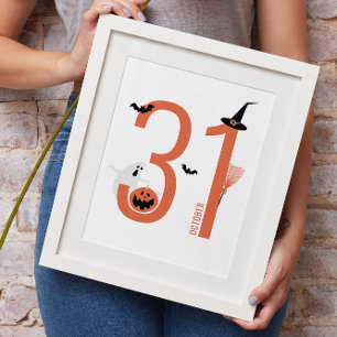 Poster 31 octobre. Un joli fantôme et un citrouille. Fête