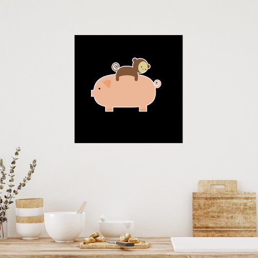 Poster 35" x 35" Monkey bébé équitation sur un cochon (Cuisine)