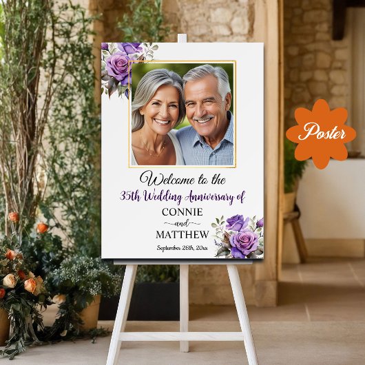 Poster 35e anniversaire Mariage Gold Frame Roses violets