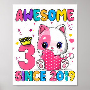 Poster 3 ans 3e anniversaire filles mignonne chat Awesome