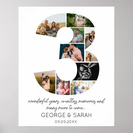 Poster 3 ans Ensemble Photo Collage Anniversaire Mariage (Devant)
