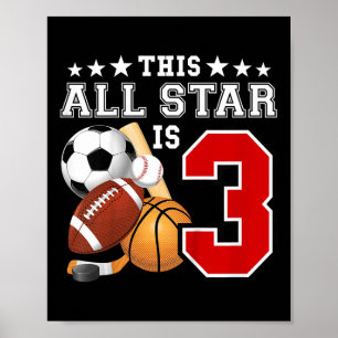 Poster 3 Ans Sports Star Anniversaire Fête Tous Sport 3r