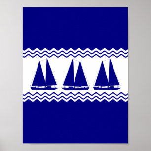Poster 3 Bateaux Marine Bleu Et Blanc Décor Côtier