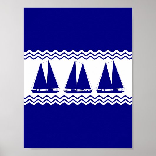 Poster 3 Bateaux Marine Bleu Et Blanc Décor Côtier (Devant)