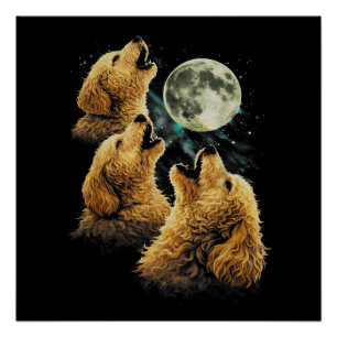 Poster 3 chiens Golden Doodle hurlant à la Lune Chiens mi