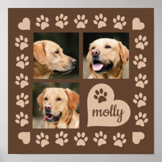 Poster 3 Collage Photo Chien Nom Cœur Marron