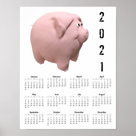 Poster 3D Funny Pig 1 White Calendar 2021 (Devant)