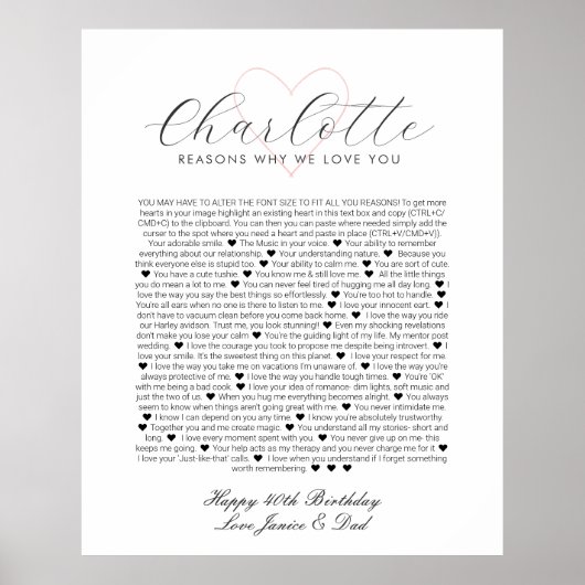 Poster 40 choses que j'aime chez toi anniversaire de mari (Devant)