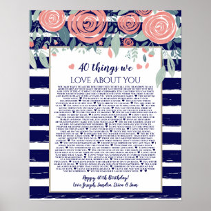 Poster 40 choses que nous aimons chez vous navy rayures r