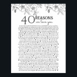 Poster 40 raisons pour lesquelles nous vous aimons dessin<br><div class="desc">Ceci est un DO IT YOURSELF XX Raisons pour lesquelles nous vous aimons. Raisons roses nous vous aimons,  modifiable 50 Raisons,  60ème anniversaire,  modifiable,  80ème anniversaire,  souvenirs,  vous aimez,  maman,  Vous pouvez modifier le texte principal du corps. Conçu par The Arty Apples Limited</div>