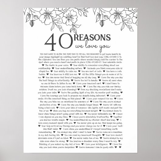Poster 40 raisons pour lesquelles nous vous aimons dessin (Devant)