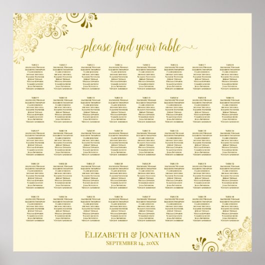 Poster 40 Table Frilly Gold & Cream Mariage Seating Chart (Devant)