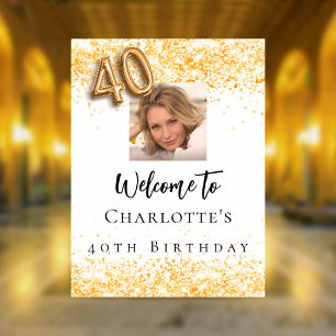 Poster 40e anniversaire blanc or photo confetti bienvenue