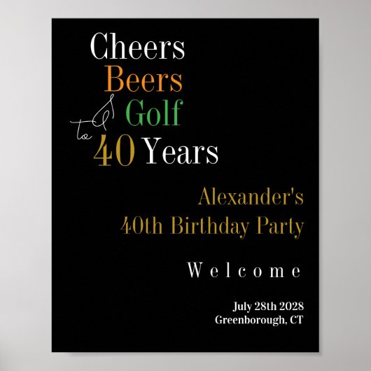 Poster 40e anniversaire Golf Cheers Bières Party Bienvenu (Devant)