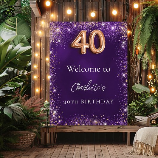 Poster 40e anniversaire violet or rose bienvenue