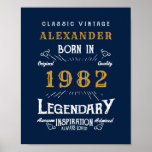 Poster 40th Birthday 1982 Ajouter Nom Legendary Blue Gold<br><div class="desc">Anniversaire personnalisé ajoutez votre nom affiche d'anniversaire. Modifiez le nom et l'année avec le modèle fourni. Plus de cadeaux et de fournitures de fête disponibles avec le design "légendaire" dans le magasin.</div>