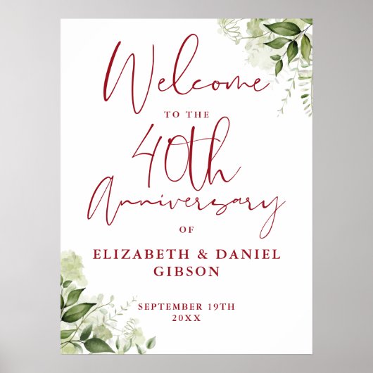 Poster 40th Wedding Anniversary Greenery Welcome Sign (Devant)