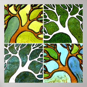 Poster 4 arbres découpés par main dans l'aquarelle et le