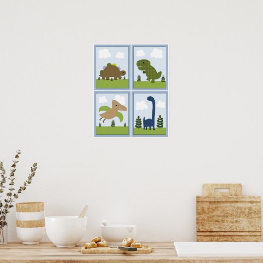 Poster 4 in 1 Dinosaurs/Dino 8x10 inch Nursery Art (Cuisine)