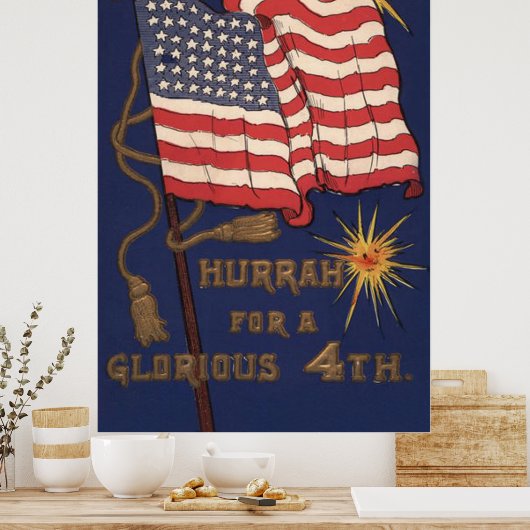 Poster 4 JUILLET d'explosion du feu d'artifice du drapeau (Cuisine)