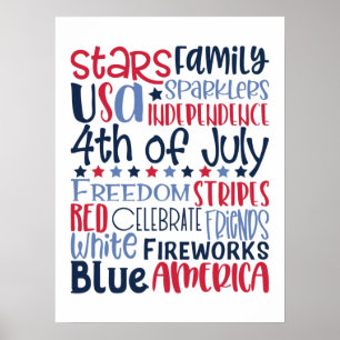 Poster 4 juillet USA Rouge Blanc Bleu Moderne Typographie