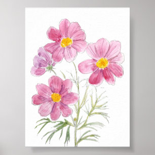 Poster 4 magenta cosmos encre de fleur et aquarelle