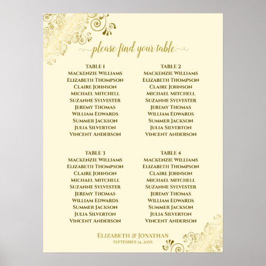 Poster 4 Table Gold Frills Mariage Seating Chart Cream (Devant)