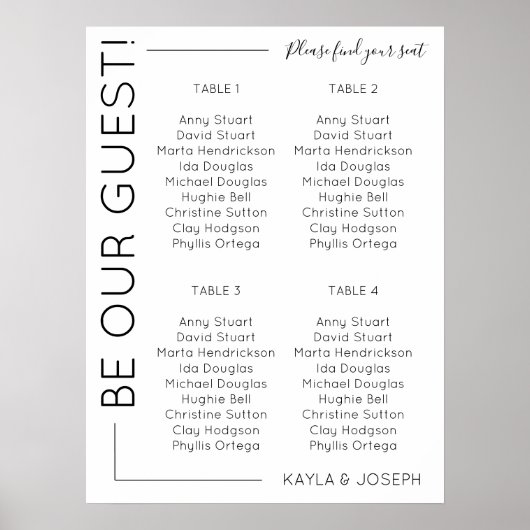 Poster 4 tables Modèle de plan de table de mariage minima (Devant)