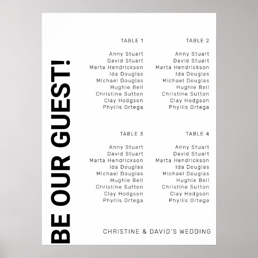 Poster 4 tables Plan de table Simple Mariage Blanc (Devant)