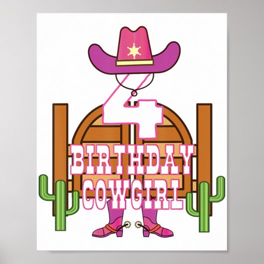 Poster 4e anniversaire Cowgirl 4 ans fille Rodéo Lover (Devant)