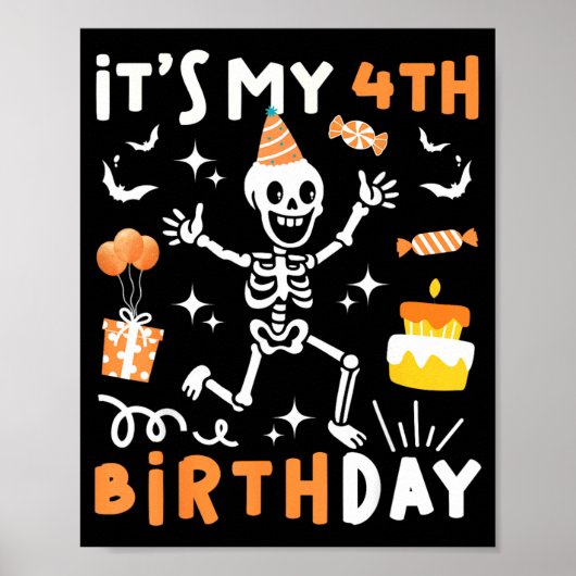 Poster 4e anniversaire enfants drôle squelette 4e anniver (Devant)